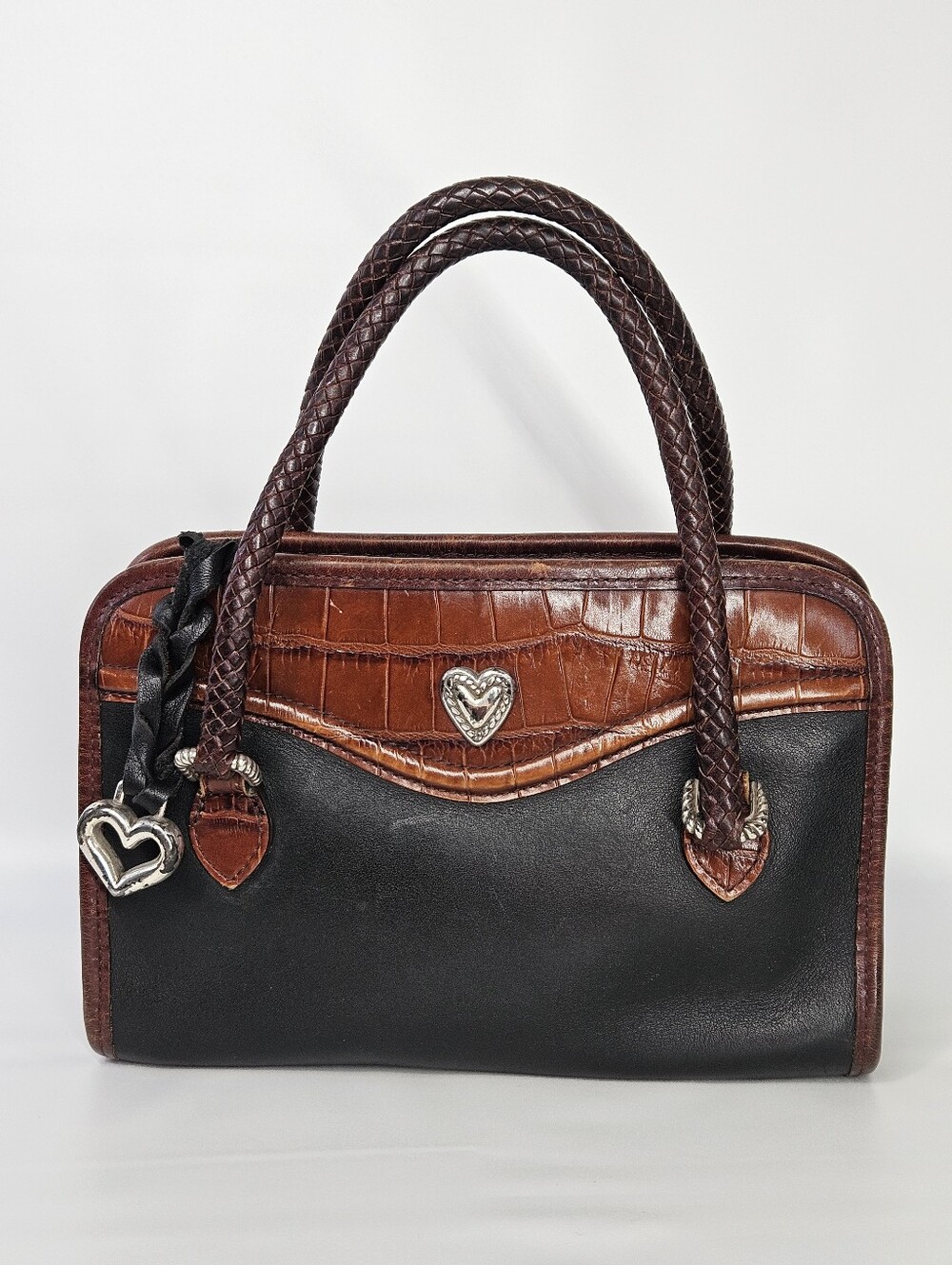 Brighton 9x6x3" Handbag Vintage Leather Black Cognac Croc Woven Double Handles